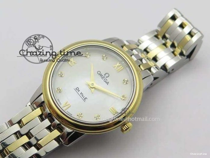 0503 OnTrend De Ville 27mm SS YG Ladies MK 1:1 Best Edition White MOP Dial Diamond Markers On SS Bracelet Ronda Quartz 8187